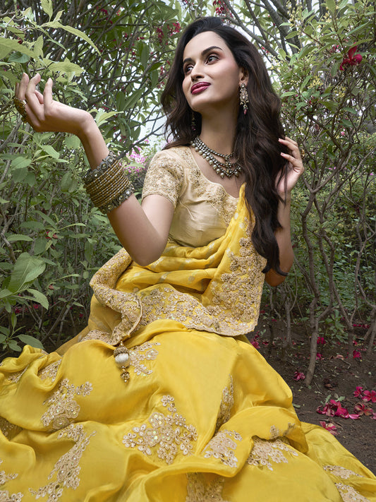 Zari Embroidery Soft Fancy Double shaded Saree in Yellow Color-81543