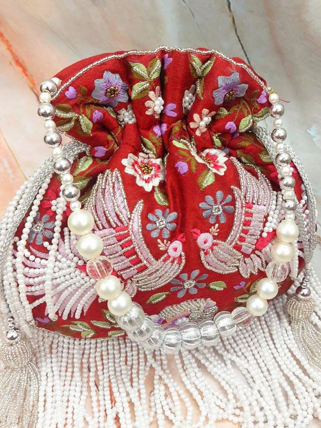 Maroon Color Designer Heavy Pearl Double Sided Embroidered Handcrafted Potli-40948