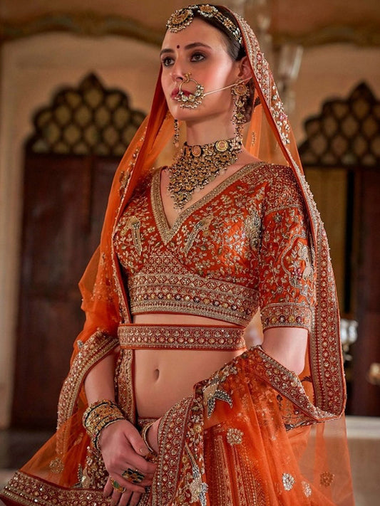 Silk Traditional Wedding Reception Bridal Lehenga In Orange color-41099