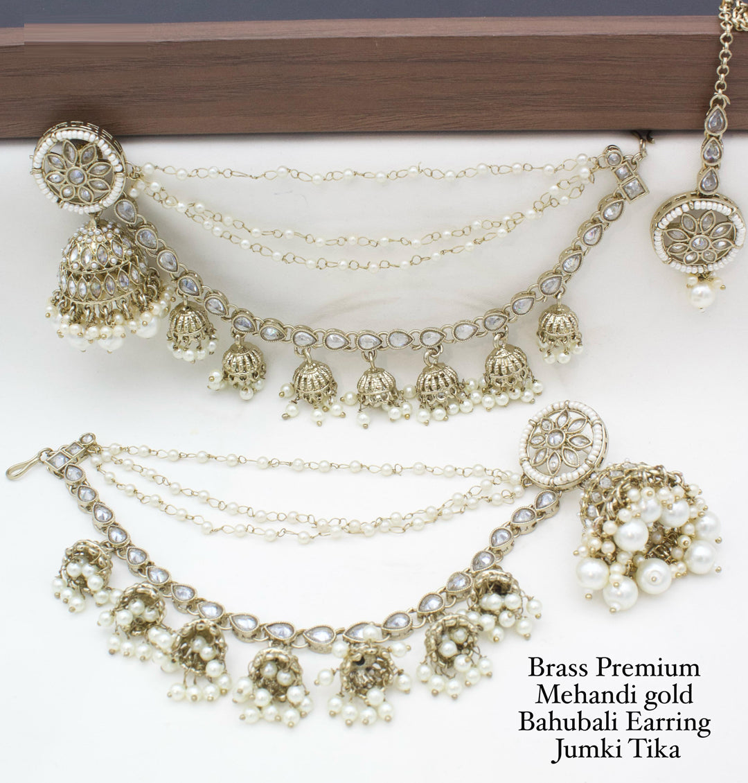 Brass Premium quality Mehandi Gold Bahubali Earring jumki tika set-301150
