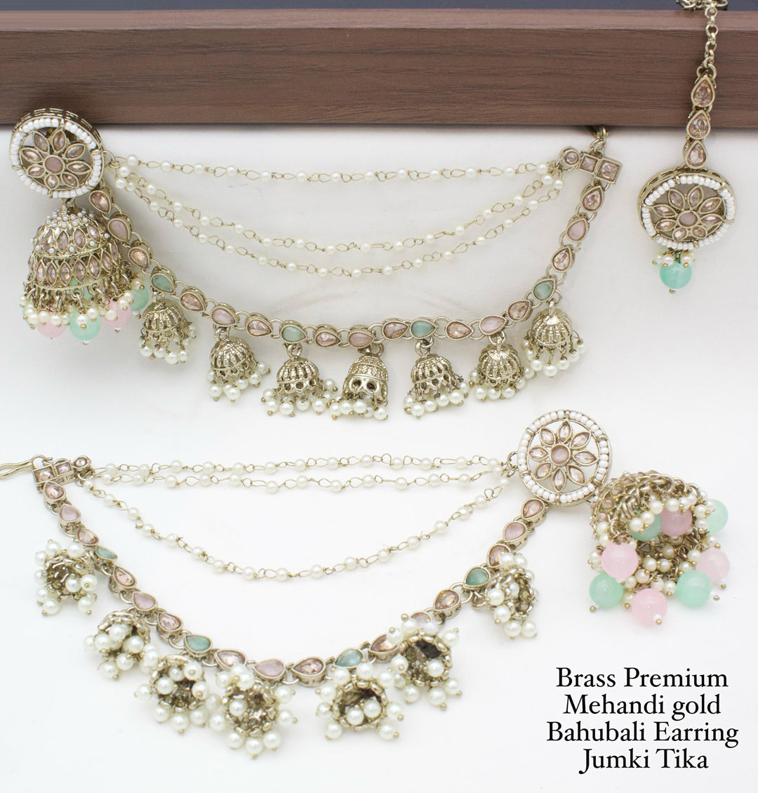 Brass Premium quality Mehandi Gold Bahubali Earring jumki tika set-301151