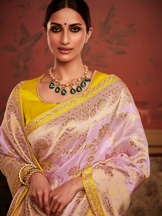 Embroidered Designer Pure Dola Silk Bridal Traditional Saree In Purple