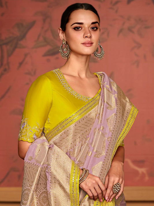 Embroidered Designer Pure Dola Silk Bridal Traditional Saree In Purple-81097