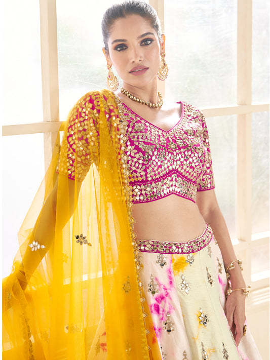Embroidered Silk Georgette Sangeet Mehedi Lehenga in Off-White Color-81350
