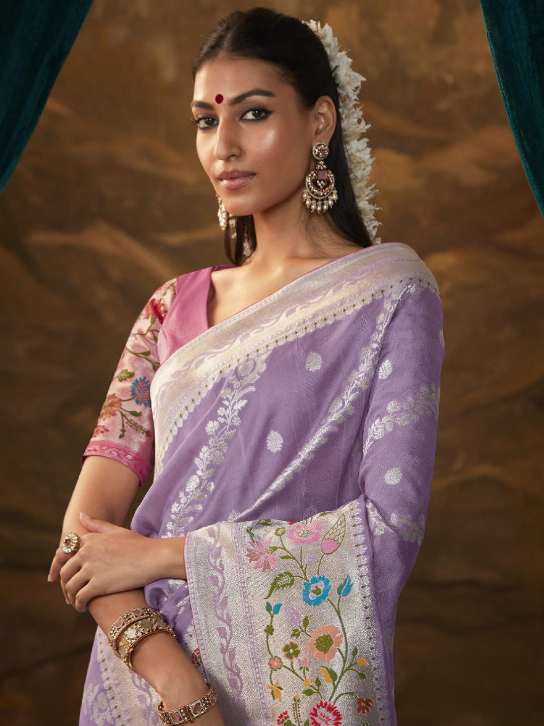 Zari Pure Dola Silk Partywear South Indian wedding Saree In Purple Color-81575