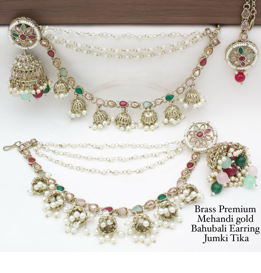 Brass Premium quality Mehandi Gold Bahubali Earring jumki tika set-301140