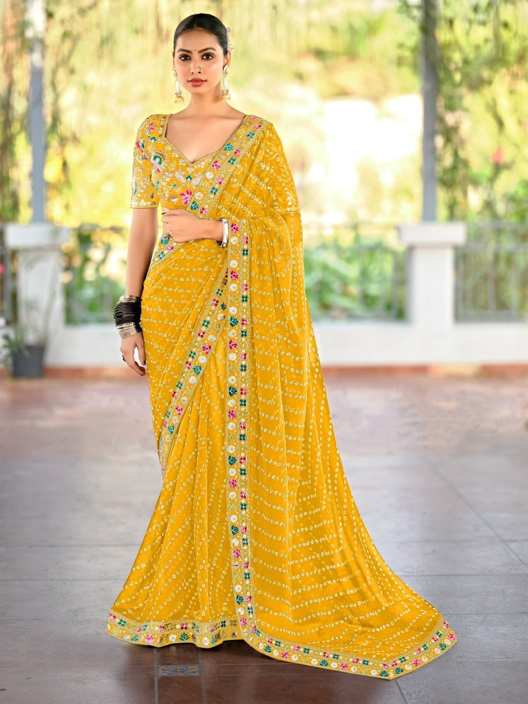 Georgette with Bandhej Printed Sequence work Saree in Yellow color-41011