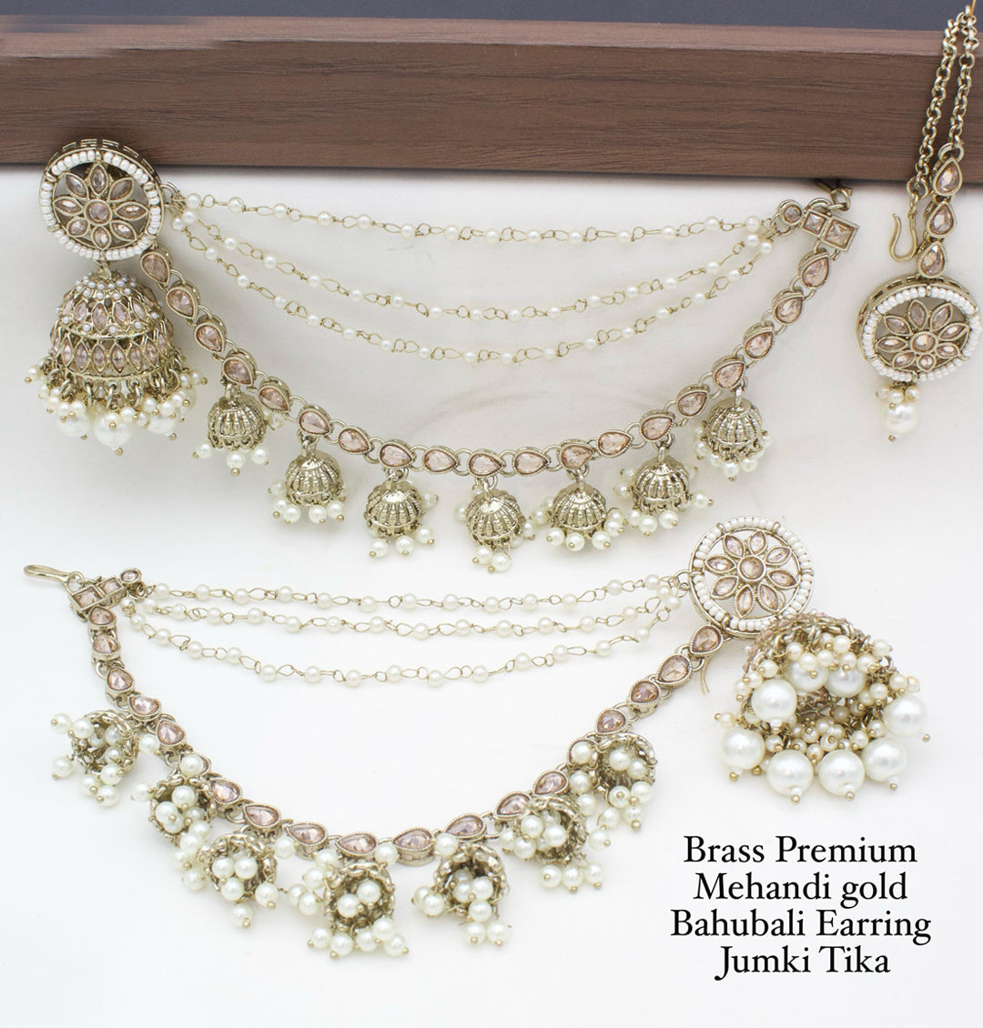 Brass Premium quality Mehandi Gold Bahubali Earring jumki tika set-301141