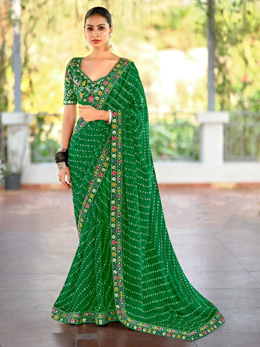 Georgette with Bandhej Printed Sequence work Saree in Green color-41012