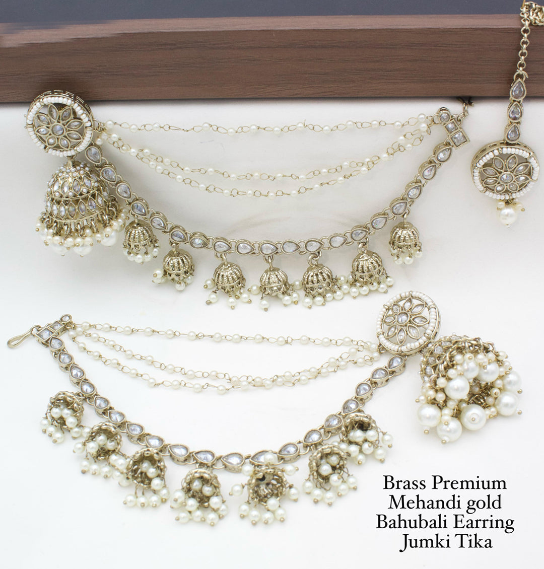 Brass Premium quality Mehandi Gold Bahubali Earring jumki tika set-301142