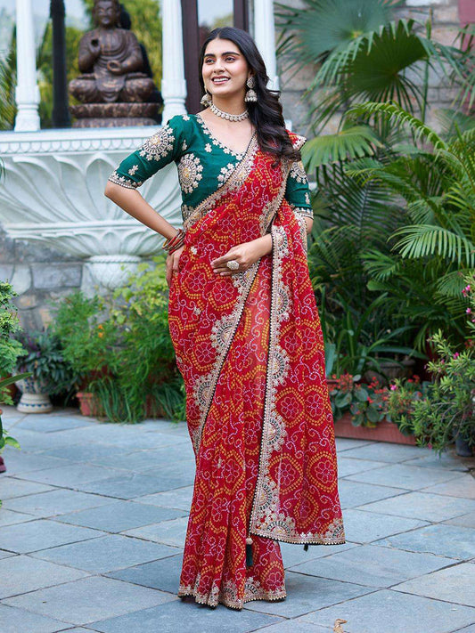 Georgette with Bandhej Printed Sequence work Saree in Red color-41023