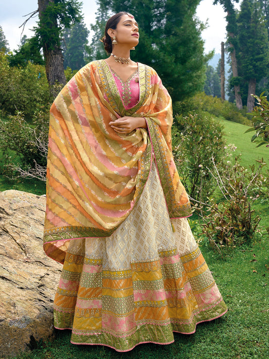 Silk Wedding Lehenga with Zari work in off white-81689