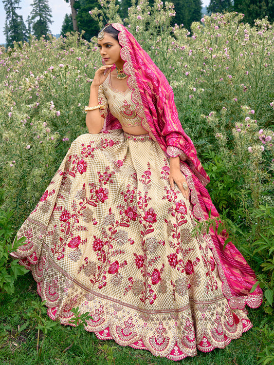 Silk Wedding Lehenga with Zari work in off white-81690