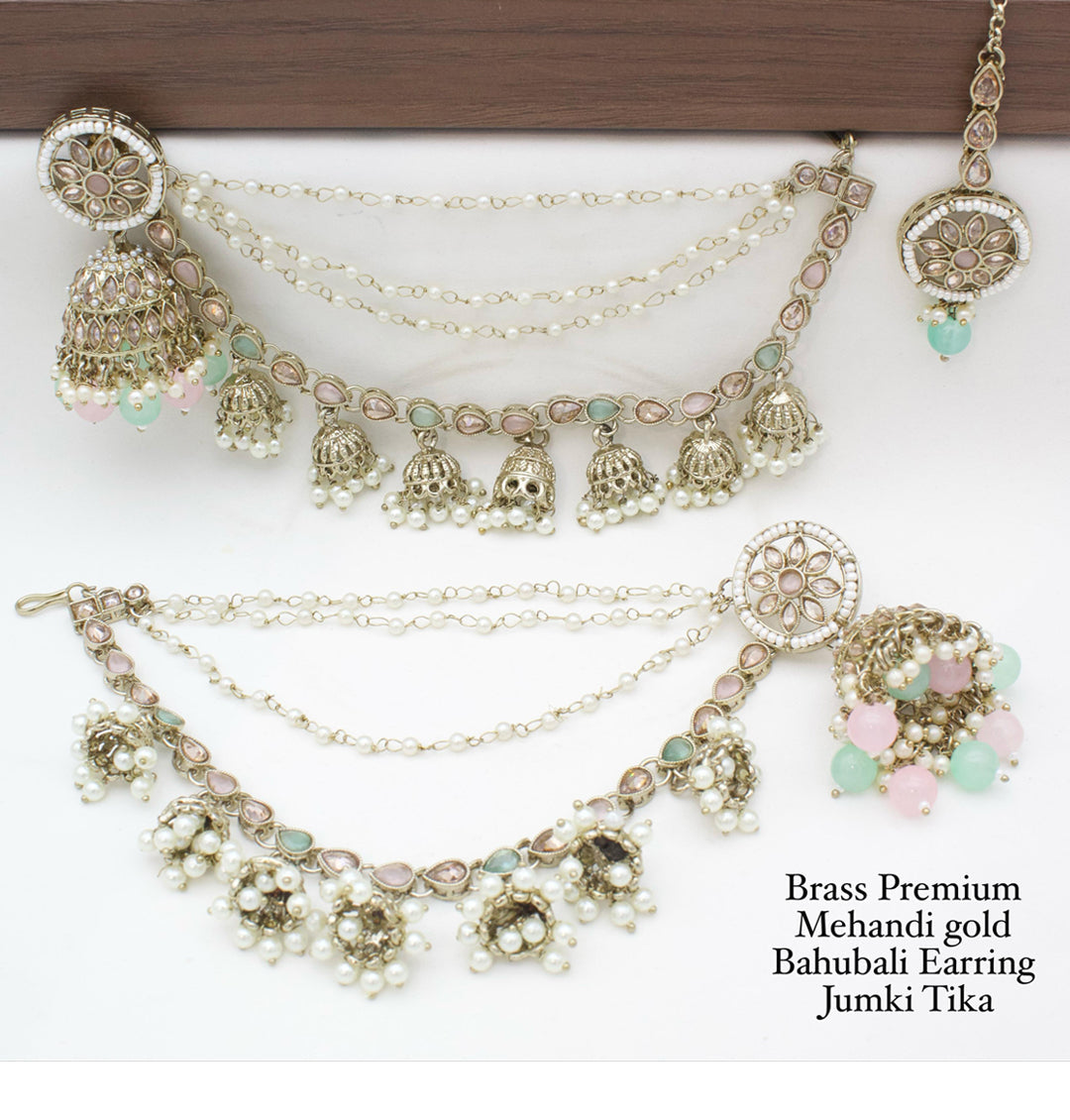 Brass Premium quality Mehandi Gold Bahubali Earring jumki tika set-301144