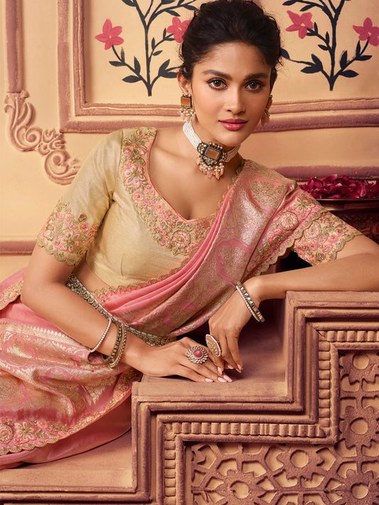Zari Embroidered Designer Viscose with Golden Smoke Bridal Traditional Saree In Pink-81138