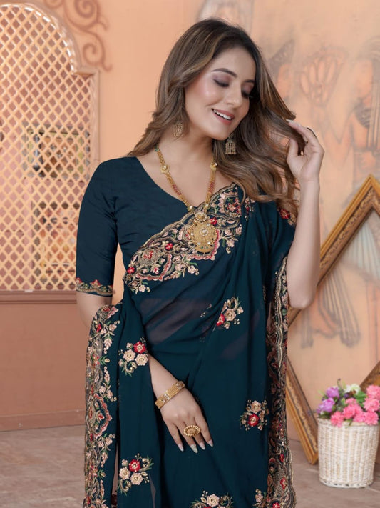 Zari Embroidery Georgette Saree in Blue