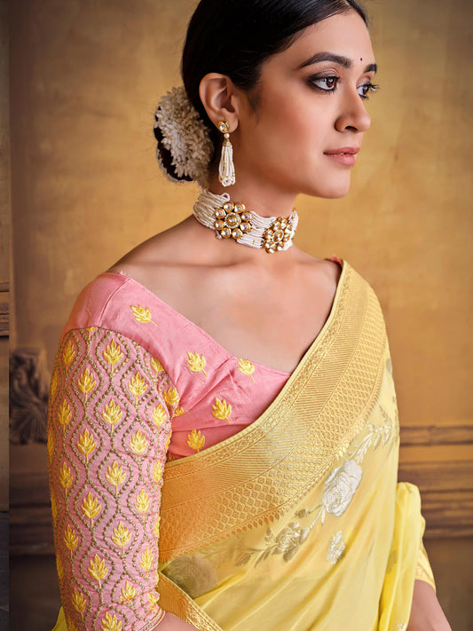 Zari Fancy Partywear South Indian wedding Saree In Yellow Color-81614