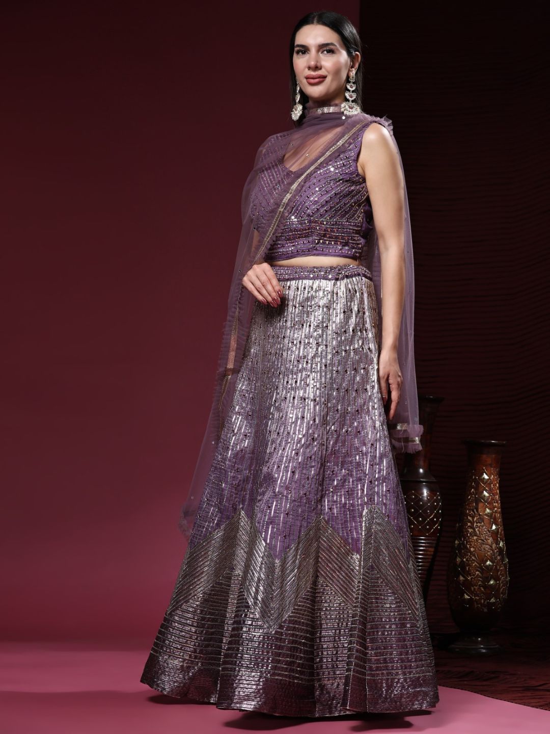 Mirror Coding Organza Lehenga in Purple