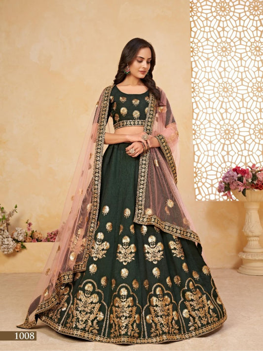 Embroidered Heavy Silk Lehenga in Green