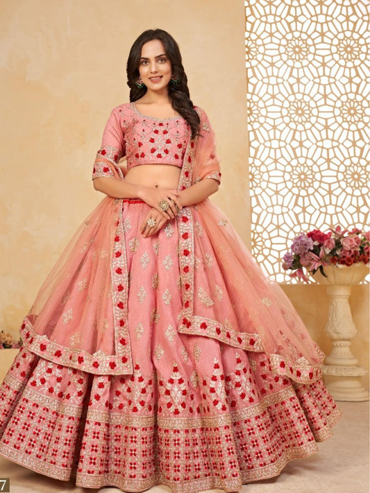 Embroidered Heavy Silk Lehenga in Pink