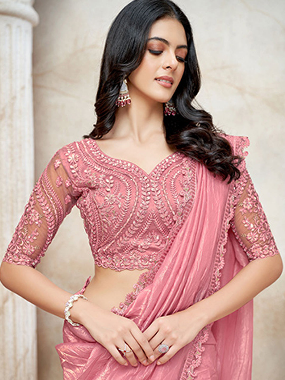 Golden Crush Wedding Partywear Saree in Pink color-41059
