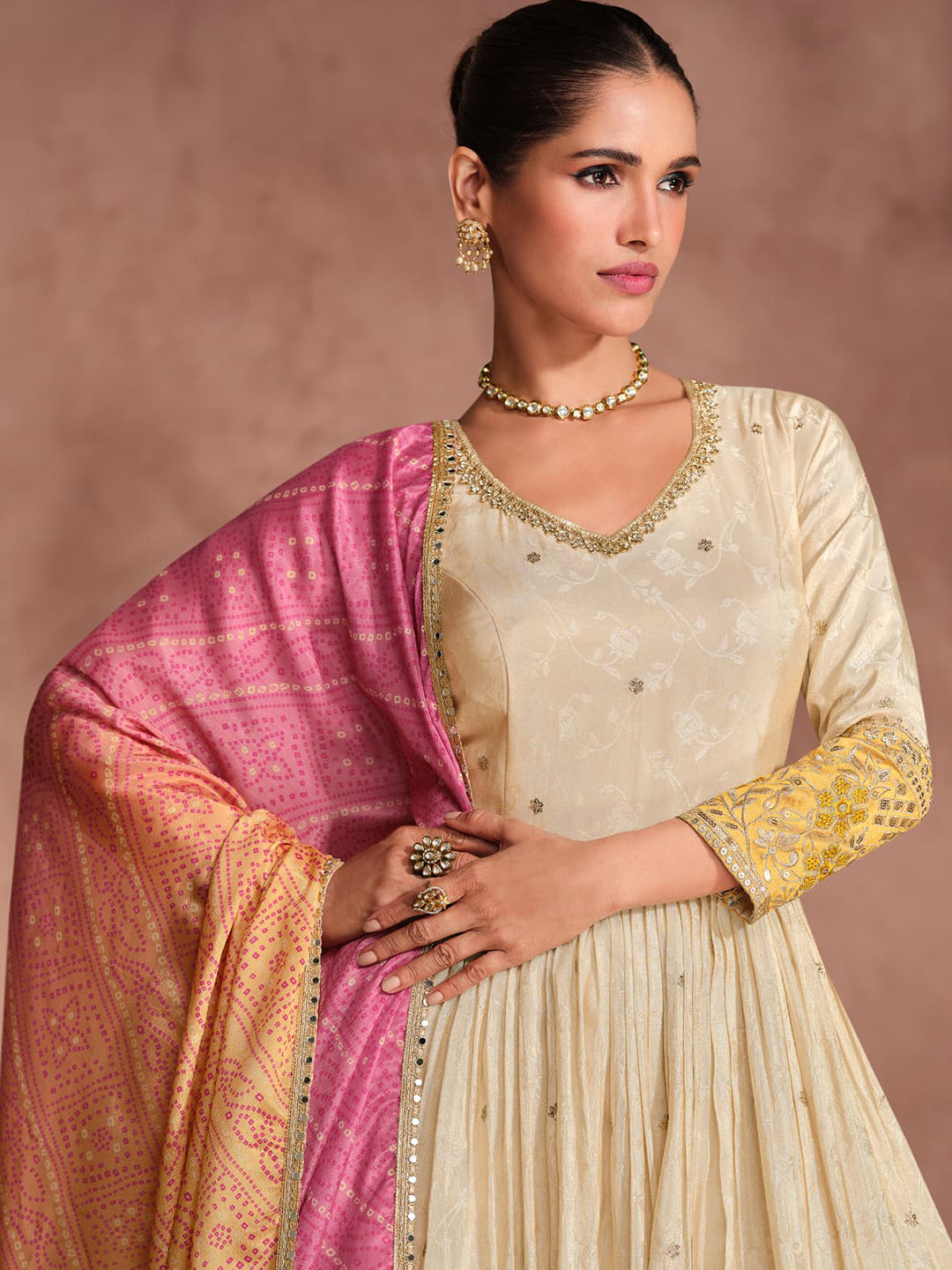 Viscose Simar Jacquard Festive Readymade Gown in Beig with Zari work-750055