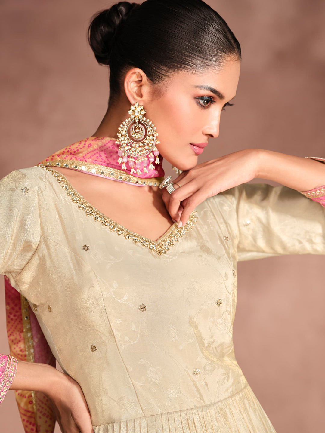 Viscose Simar Jacquard Festive Readymade Gown in Beig with Zari work-750056