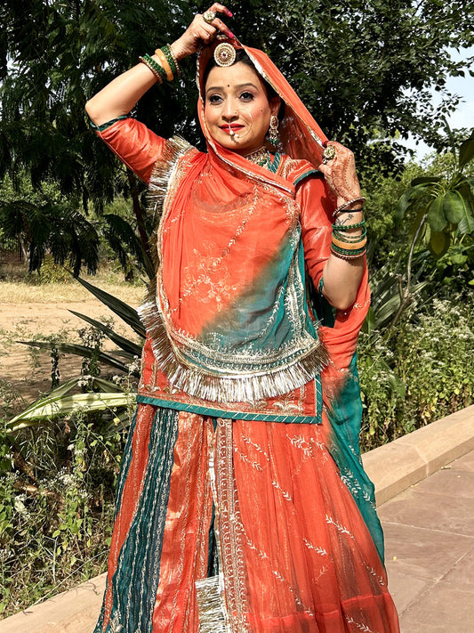 4 Miter full Gher Gold Crush Multicolour Premium quality Rajputi Poshak-91582