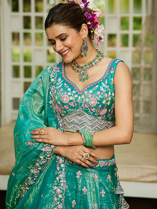 Tissue Traditional Reception Wedding Lehenga In Green color-41080