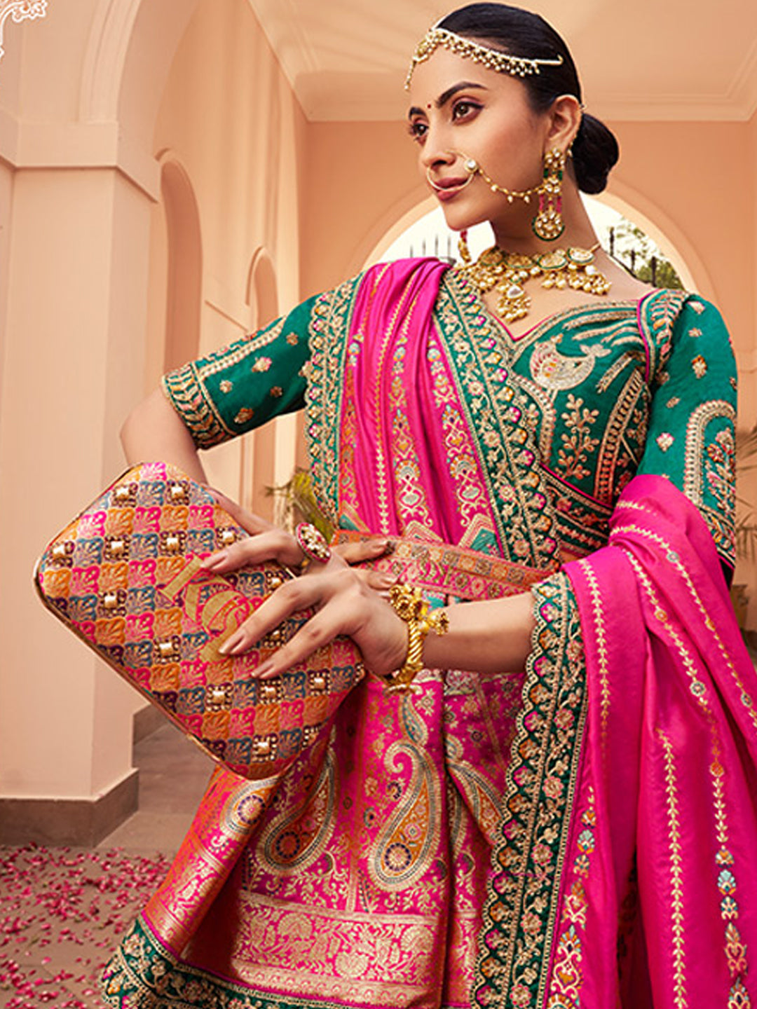 Banarasi Silk Bridal Lehenga with Embroidered Work in Green and Pink Color -41085