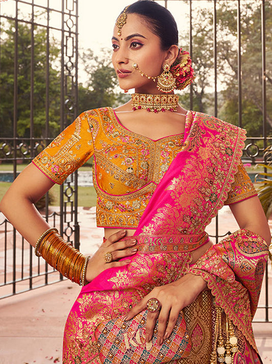 Banarasi Silk Bridal Lehenga with Embroidered Work in Pink Color -41087