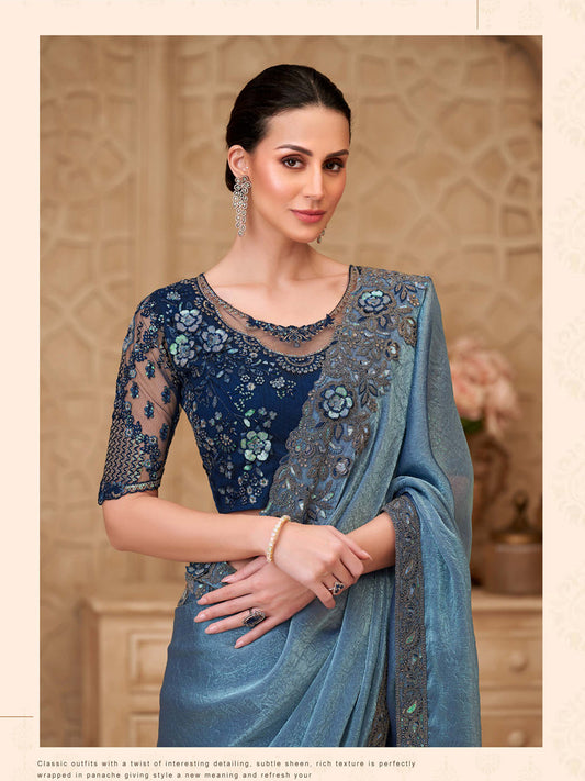 Metal Blue Sartin Crush Georgette with Embroidered Saree-32007