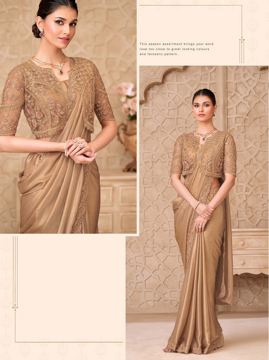 Gold Shimmer Sartin Georgette with Embroidered Saree-32008