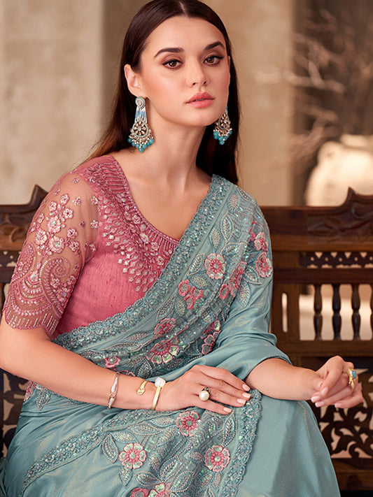 Shimmer Silk Crape With Linen Wokr wedding Saree in Blue color-41045