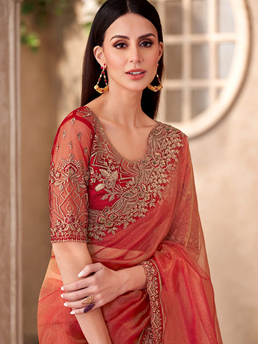 Golden Sparkle Tissue With Linen Wokr wedding Saree in Red color-41046