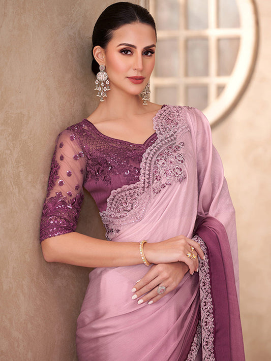 Sparkle shaded Chiffon With Sartin Work Wedding Saree in Purple color-41050
