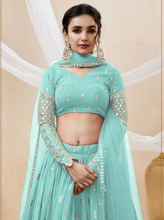 Embroidered Georgette Lehenga in Sky Blue