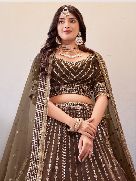 Sequance Net Bridal Lehenga in Brown