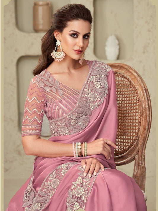 Embroidered Shimmer Silk Wedding Saree In Pink and Magenta