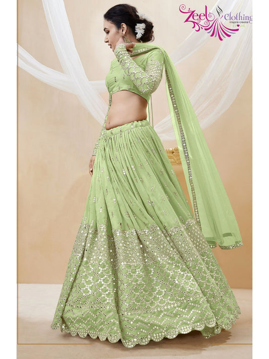 Embroidered Georgette Lehenga in Light Green