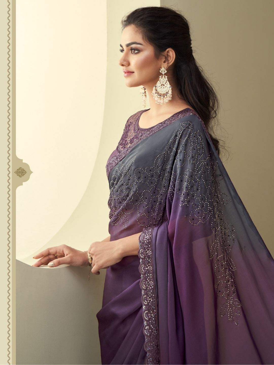 Embroidered Shimmer Silk Wedding Saree In Purple-80945