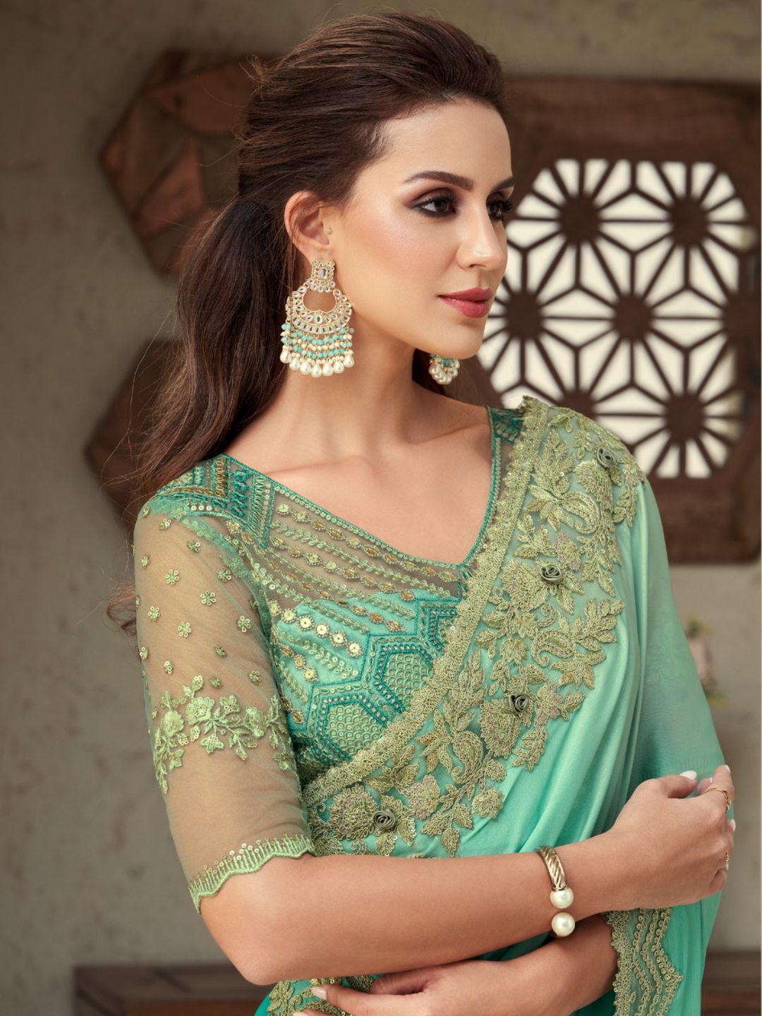 Embroidered Shimmer Silk Wedding Saree In turquoise-80946