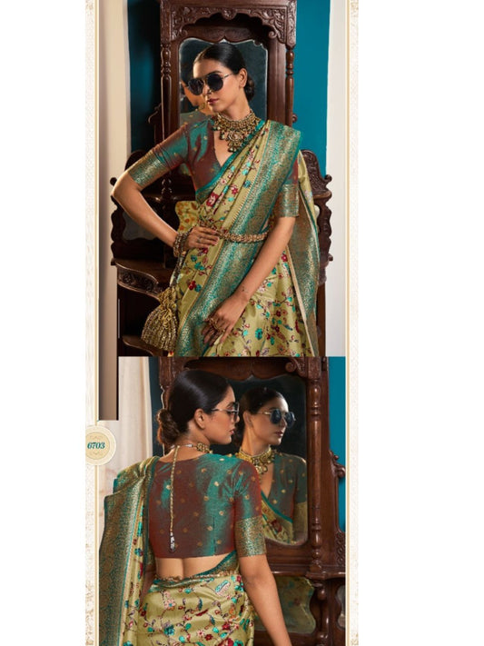 Digital Print Satin Silk Fastive Saree In Green