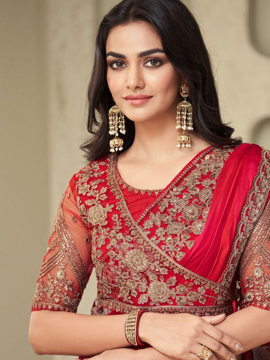 Embroidered Shimmer Silk Wedding Saree In Red