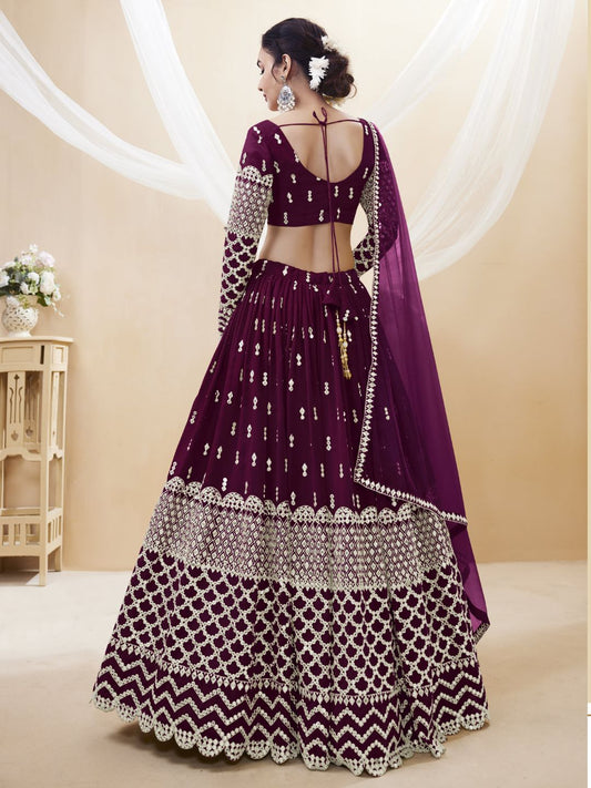 Embroidered Georgette Lehenga in Purple