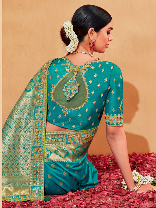 Embroidered Silk Designer Traditional Saree In Blue and Green