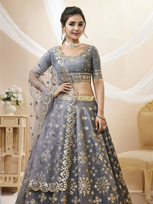 Georgette Bollywood Lehenga in Grey with Sequins Zari Embroidery Work