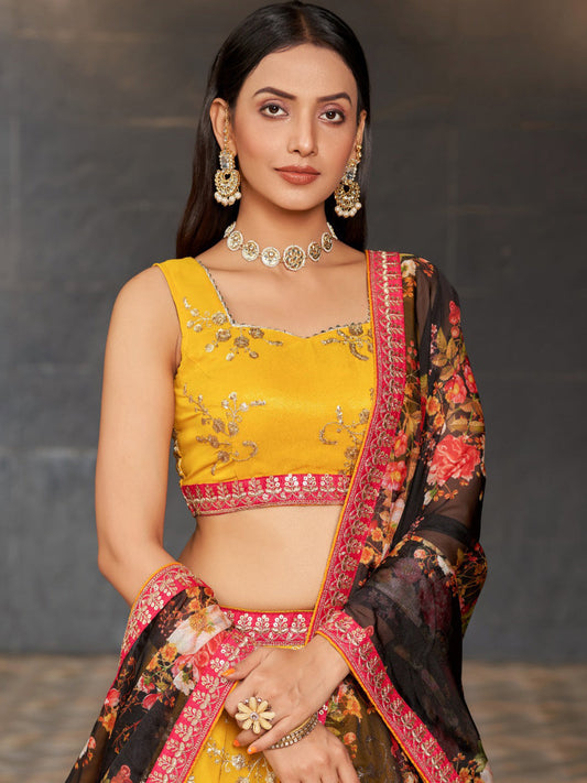 Georgette Traditional Reception Semi-Stitched Lehenga Choli In Yellow color-40983