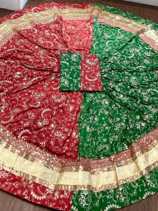 7 Miter full Gher Vintage Silk Crape Premium quality Rajputi Poshak In Red Green color-91477