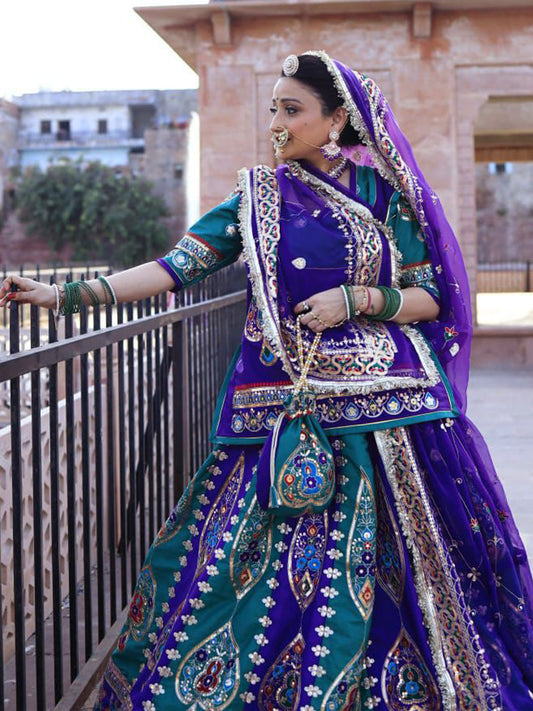 7 Miter full Gher Silk Crepe Premium quality Bridal Rajputi Poshak In Purple color-91575